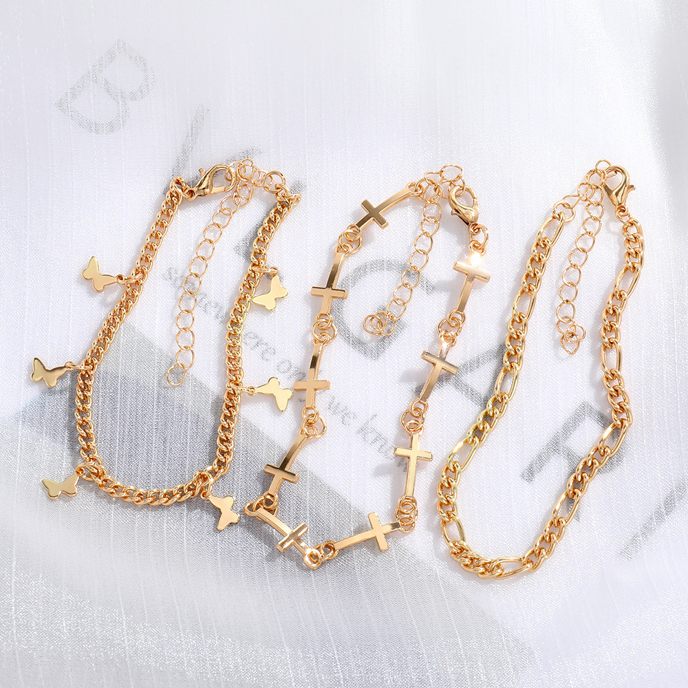 Gold Butterfly & Cross Charm Anklet Set 3 pcs Stylish Gift