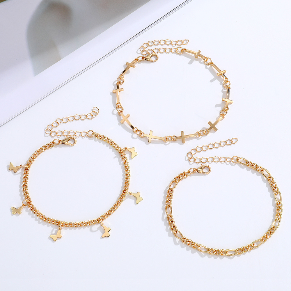 Gold Butterfly & Cross Charm Anklet Set 3 pcs Stylish Gift