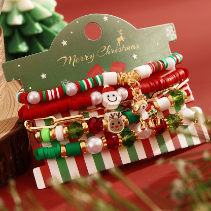 Festive Christmas Bead Bracelet Set with Reindeer Charm 5 pcs Perfect Holiday Gift