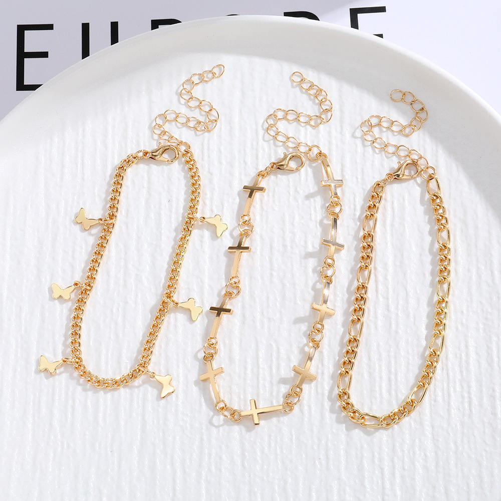 Gold Butterfly & Cross Charm Anklet Set 3 pcs Stylish Gift