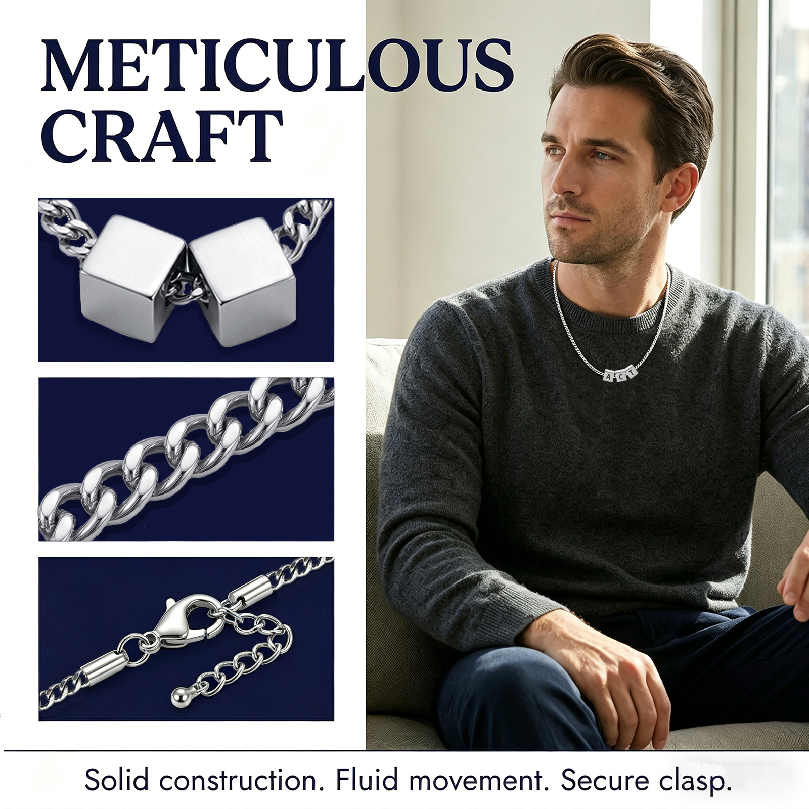 Personalized Stainless Steel Cube 1-6 Letters Necklace for Men