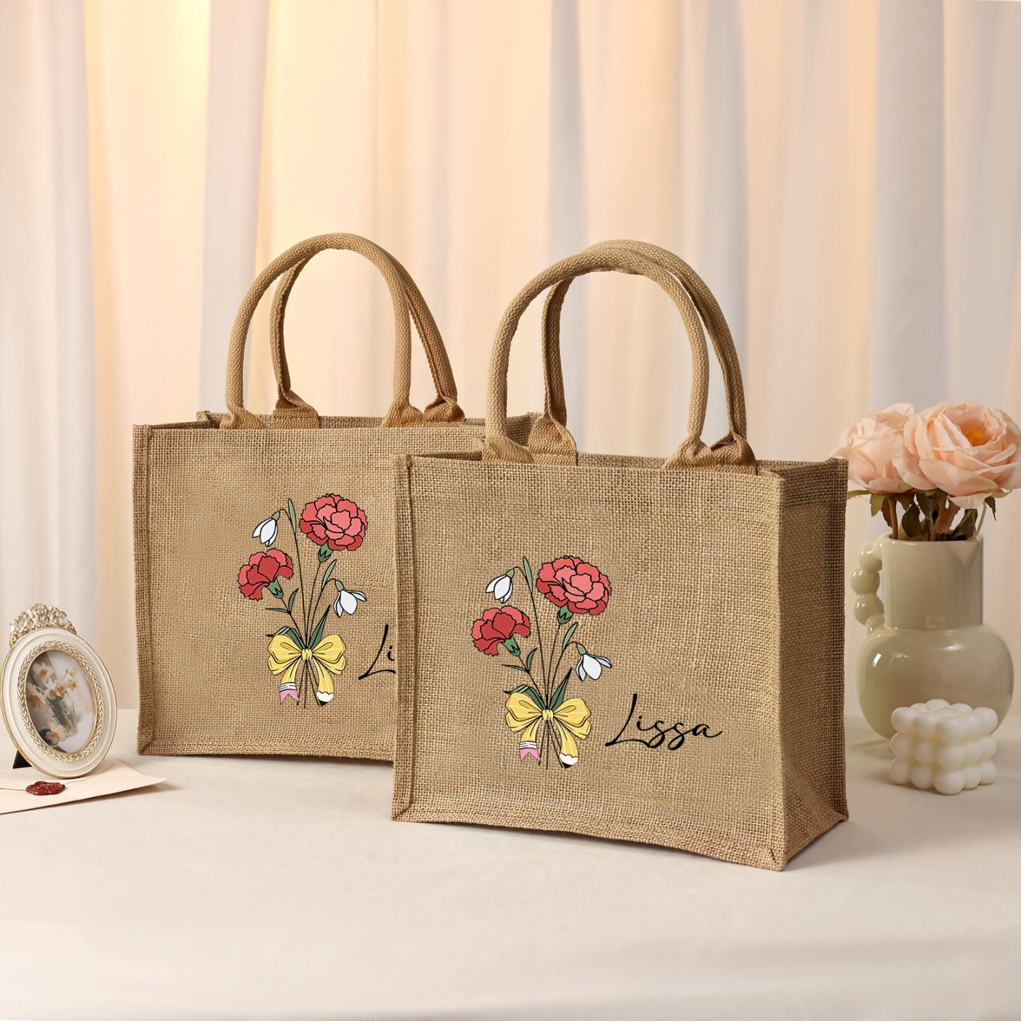 Personalized Birth Flower & Name Tote Bag Beach Jute Bag Birthday Wedding Party Gift for Her