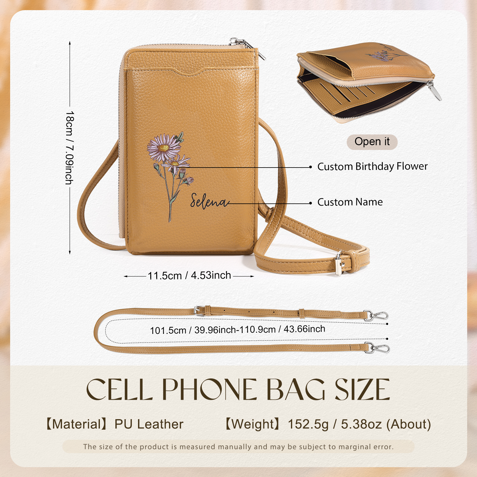 Personalized Leather Crossbody Phone Bag with Name and Birth Flower Zippered Designer Wallet Stylish Gift for Her