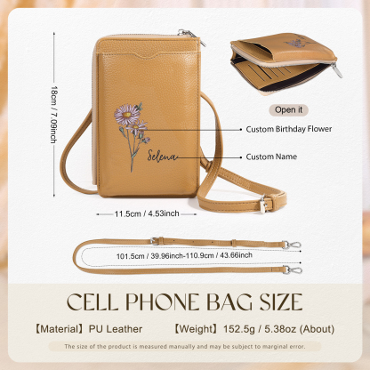 Personalized Leather Crossbody Phone Bag with Name and Birth Flower Zippered Designer Wallet Stylish Gift for Her