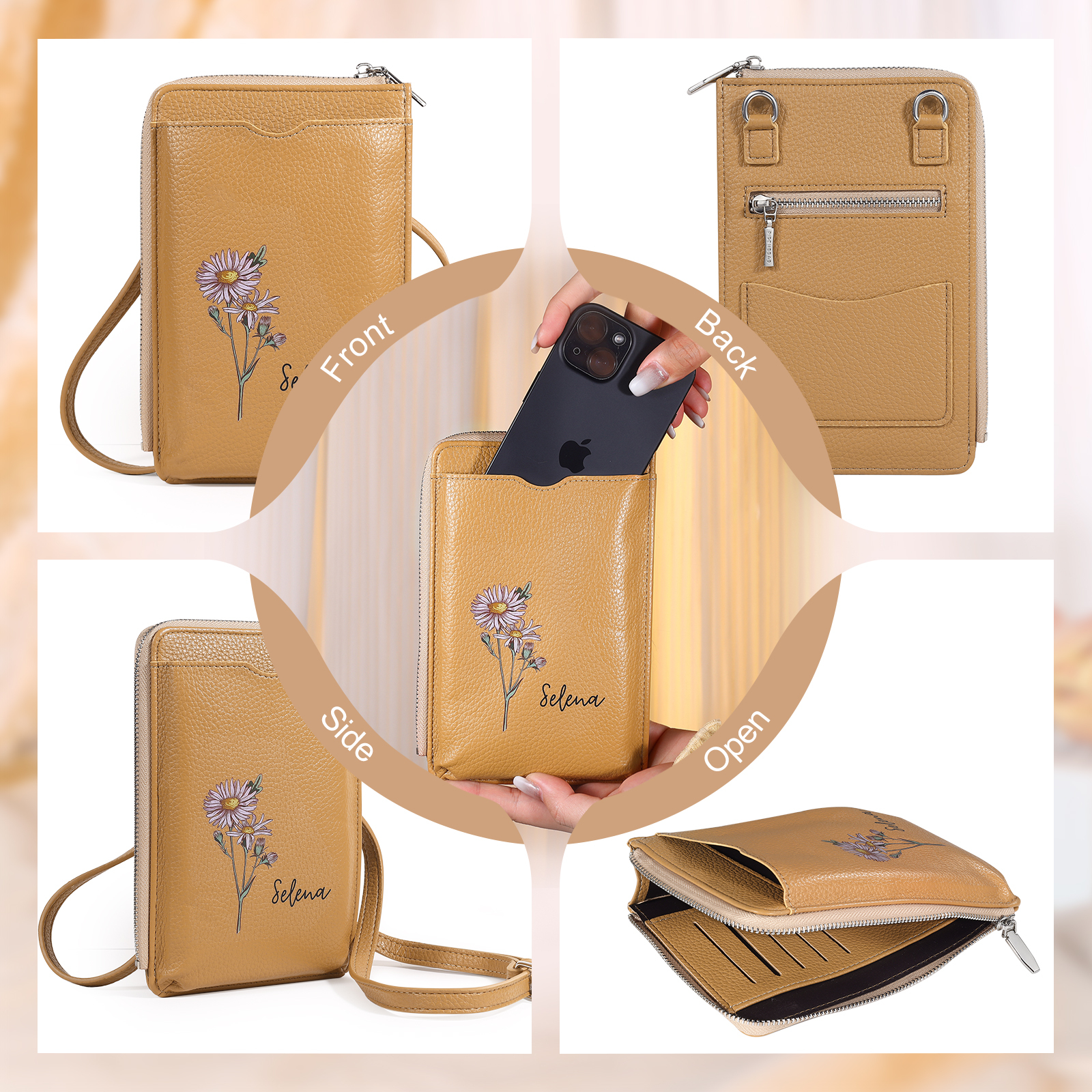 Personalized Leather Crossbody Phone Bag with Name and Birth Flower Zippered Designer Wallet Stylish Gift for Her