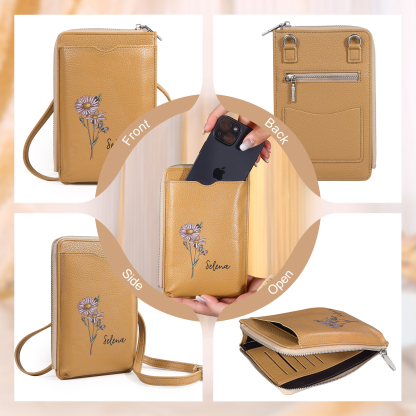 Personalized Leather Crossbody Phone Bag with Name and Birth Flower Zippered Designer Wallet Stylish Gift for Her