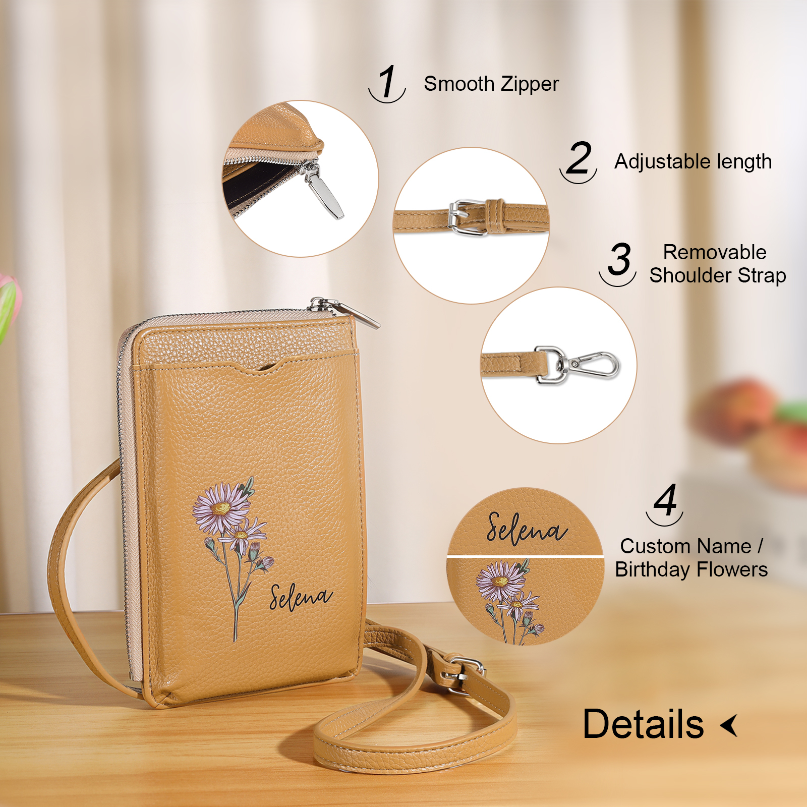 Personalized Leather Crossbody Phone Bag with Name and Birth Flower Zippered Designer Wallet Stylish Gift for Her