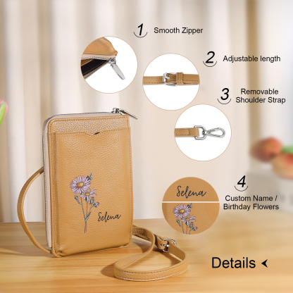 Personalized Leather Crossbody Phone Bag with Name and Birth Flower Zippered Designer Wallet Stylish Gift for Her