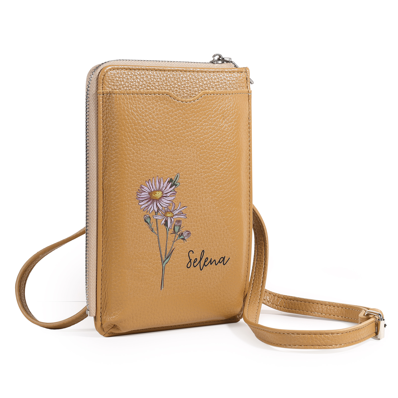 Personalized Leather Crossbody Phone Bag with Name and Birth Flower Zippered Designer Wallet Stylish Gift for Her
