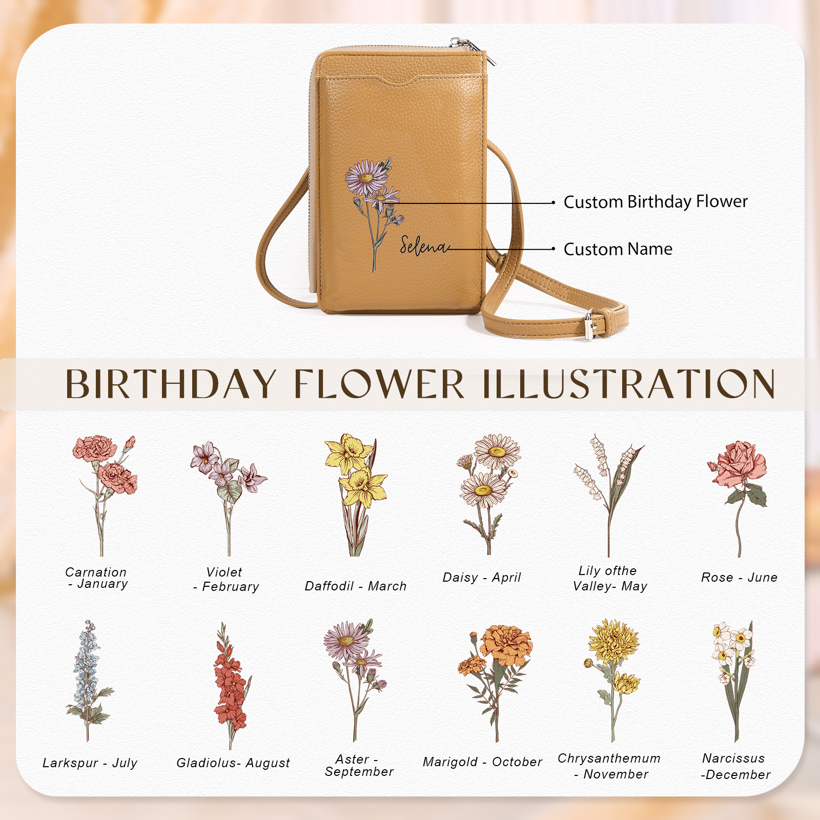 Personalized Leather Crossbody Phone Bag with Name and Birth Flower Zippered Designer Wallet Stylish Gift for Her