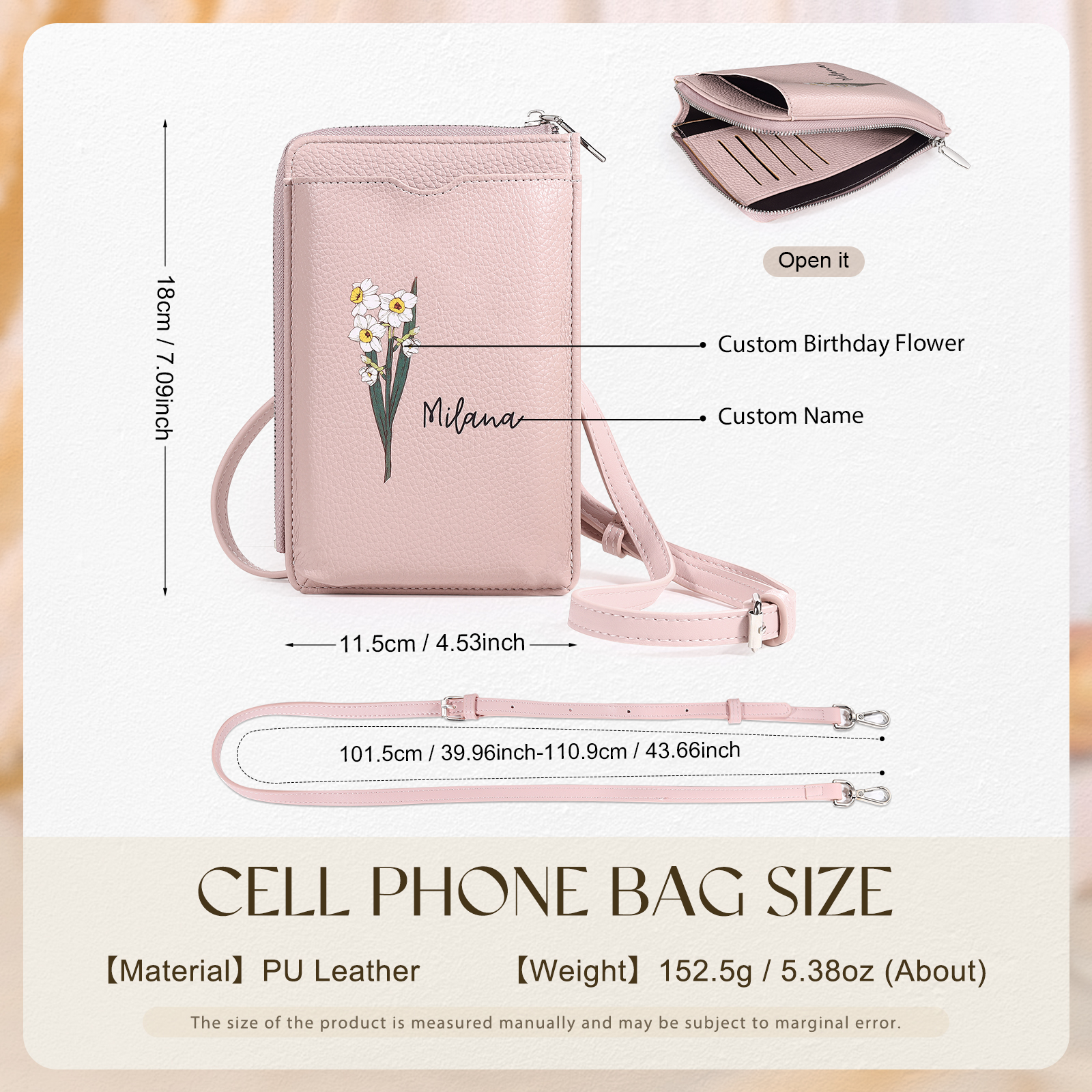 Personalized Leather Crossbody Phone Bag with Name and Birth Flower Zippered Designer Wallet Stylish Gift for Her