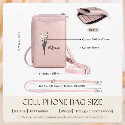 Personalized Leather Crossbody Phone Bag with Name and Birth Flower Zippered Designer Wallet Stylish Gift for Her