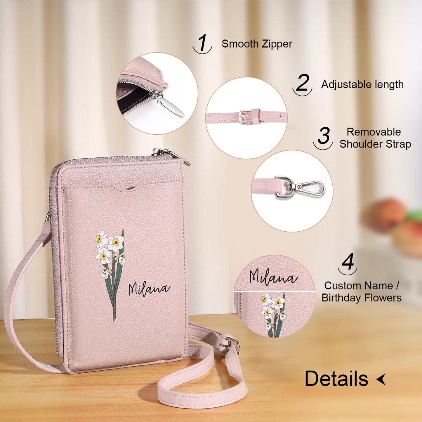 Personalized Leather Crossbody Phone Bag with Name and Birth Flower Zippered Designer Wallet Stylish Gift for Her