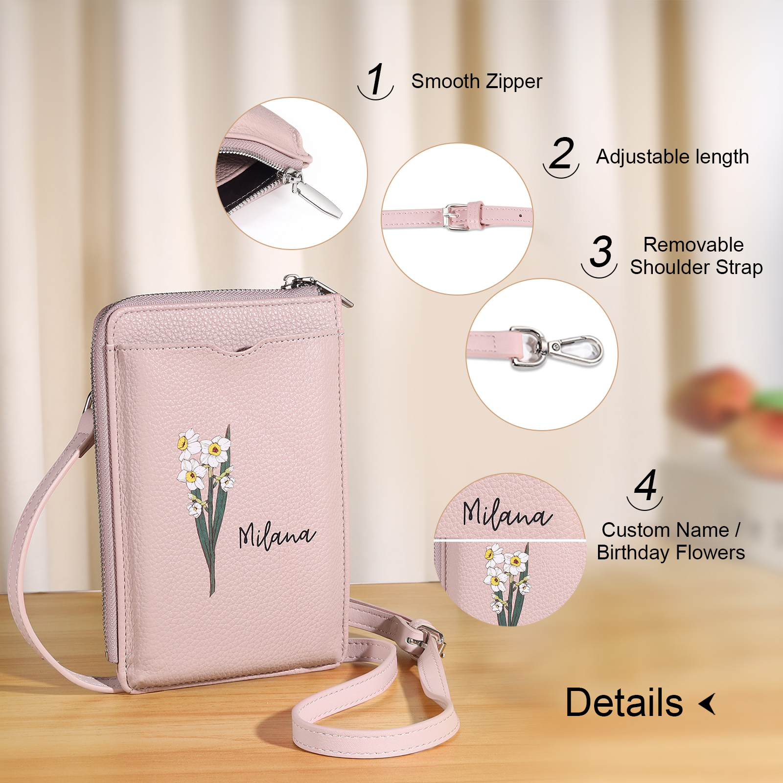 Personalized Leather Crossbody Phone Bag with Name and Birth Flower Zippered Designer Wallet Stylish Gift for Her