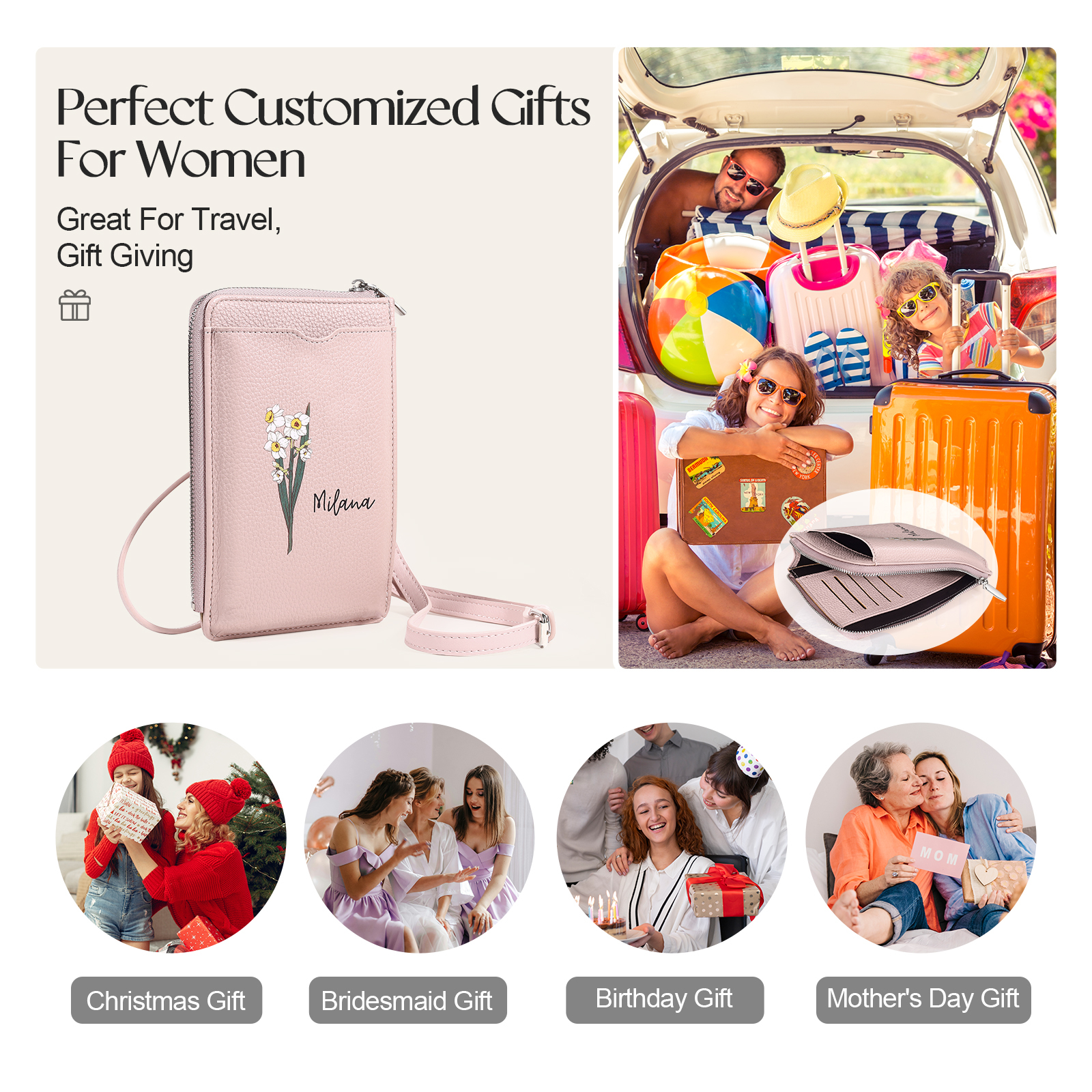 Personalized Leather Crossbody Phone Bag with Name and Birth Flower Zippered Designer Wallet Stylish Gift for Her