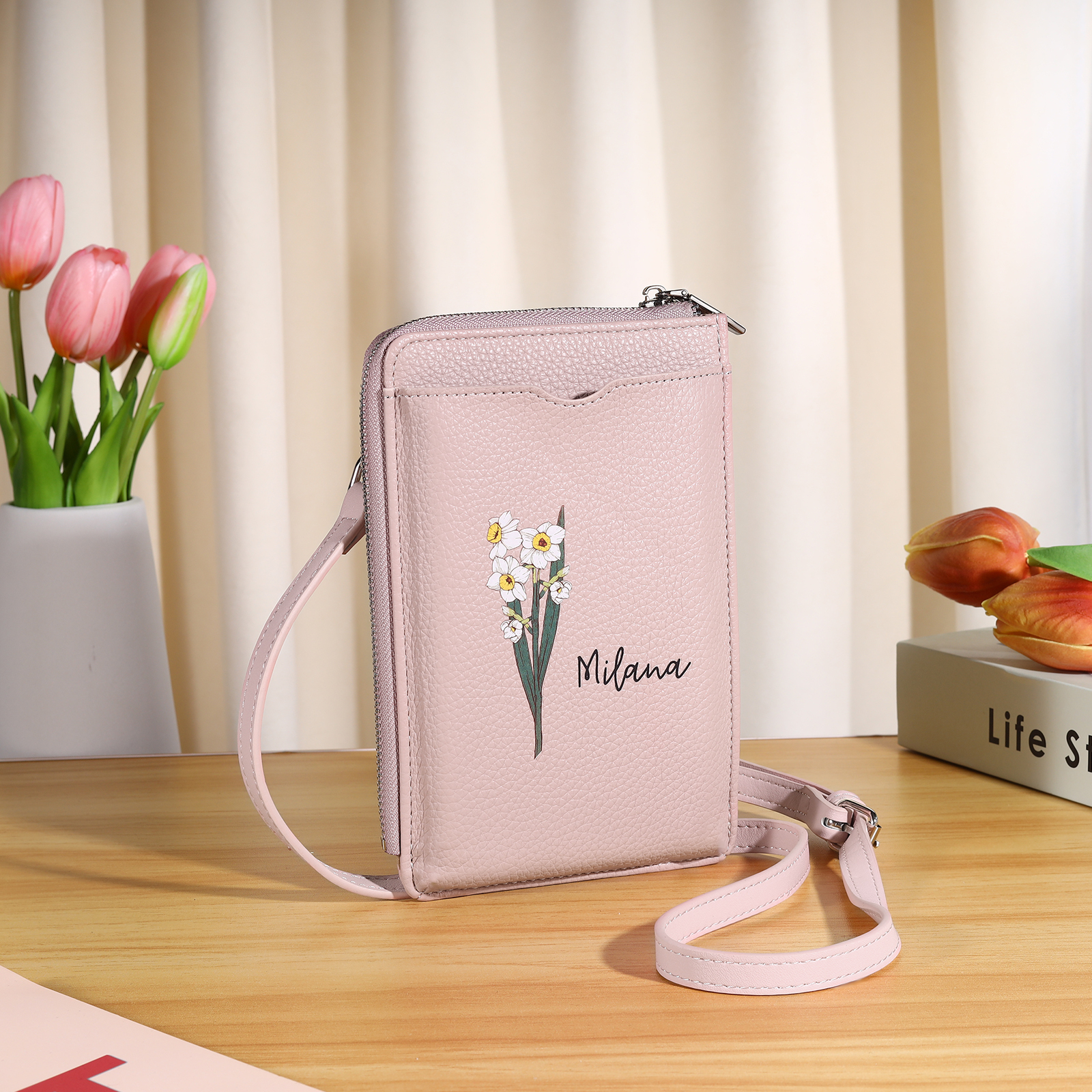 Personalized Leather Crossbody Phone Bag with Name and Birth Flower Zippered Designer Wallet Stylish Gift for Her