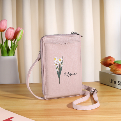 Personalized Leather Crossbody Phone Bag with Name and Birth Flower Zippered Designer Wallet Stylish Gift for Her
