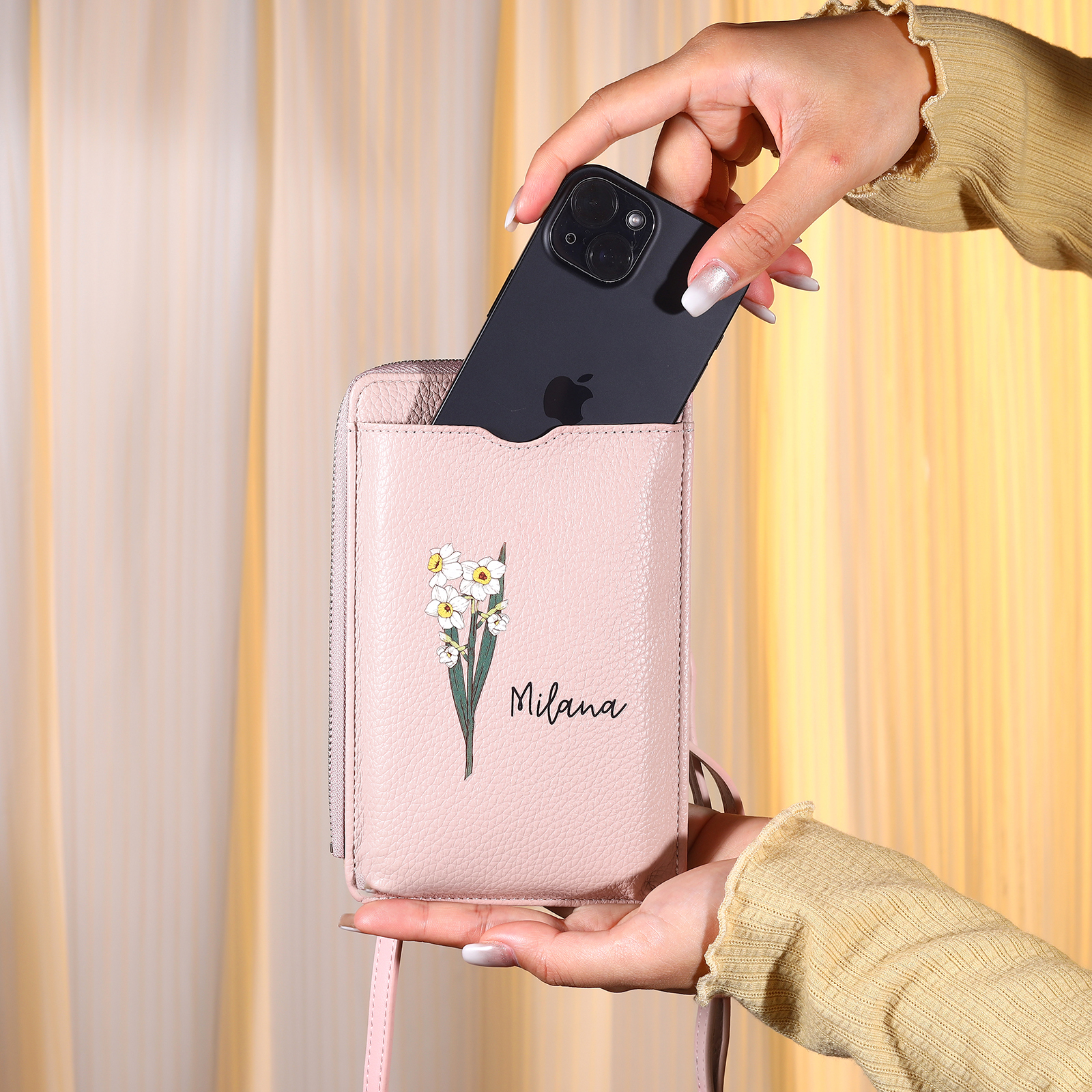 Personalized Leather Crossbody Phone Bag with Name and Birth Flower Zippered Designer Wallet Stylish Gift for Her