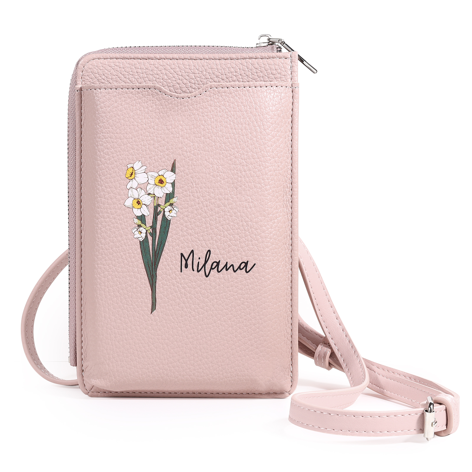 Personalized Leather Crossbody Phone Bag with Name and Birth Flower Zippered Designer Wallet Stylish Gift for Her