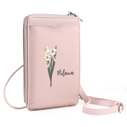 Personalized Leather Crossbody Phone Bag with Name and Birth Flower Zippered Designer Wallet Stylish Gift for Her