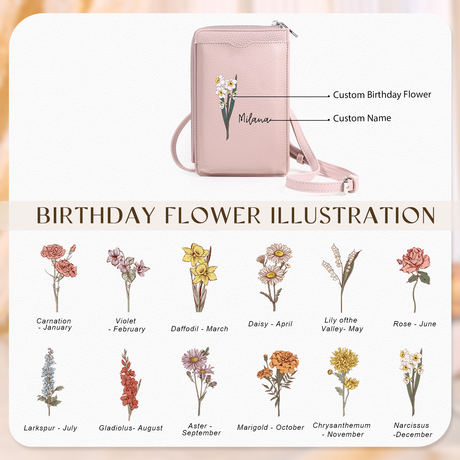 Personalized Leather Crossbody Phone Bag with Name and Birth Flower Zippered Designer Wallet Stylish Gift for Her