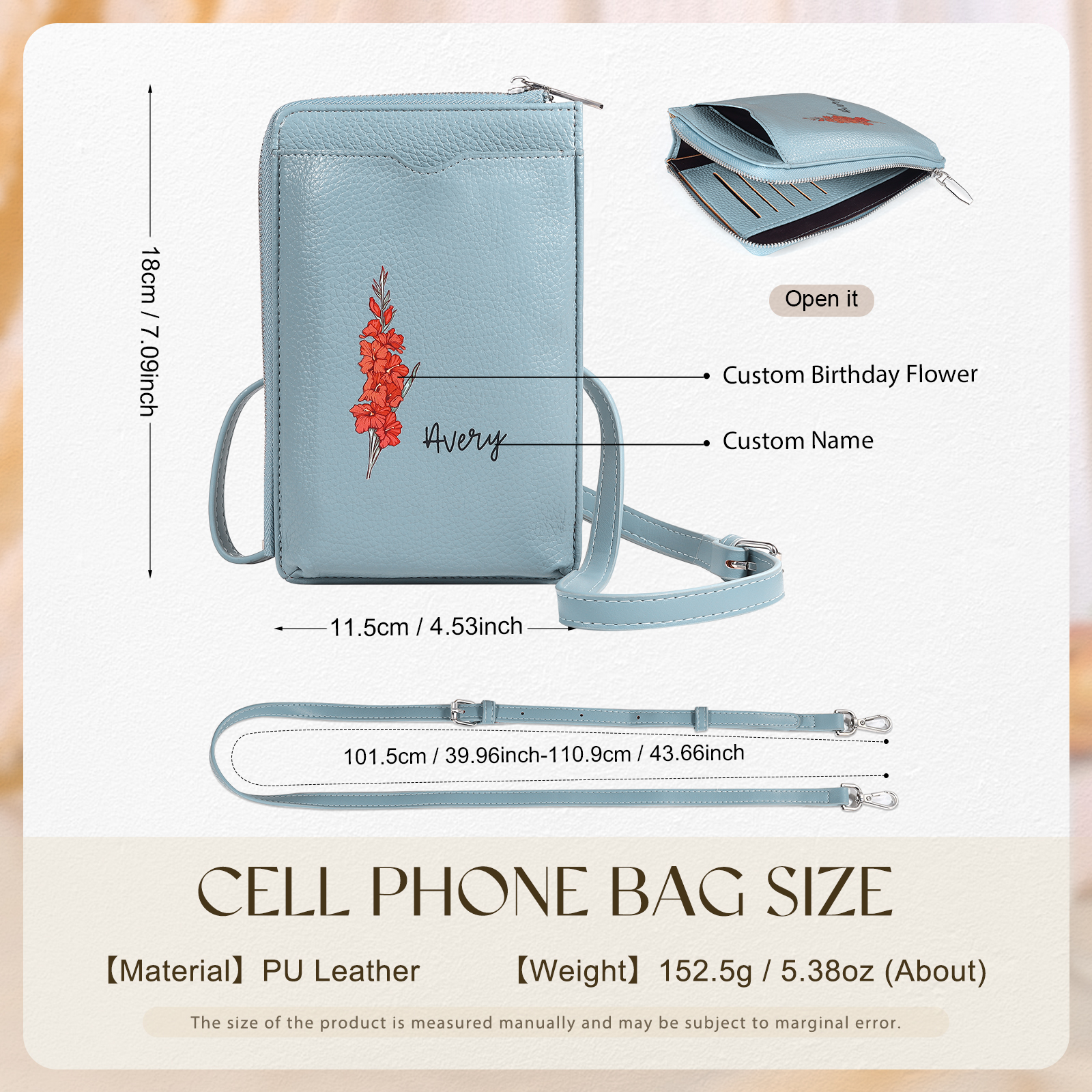 Personalized Leather Crossbody Phone Bag with Name and Birth Flower Zippered Designer Wallet Stylish Gift for Her