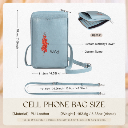 Personalized Leather Crossbody Phone Bag with Name and Birth Flower Zippered Designer Wallet Stylish Gift for Her