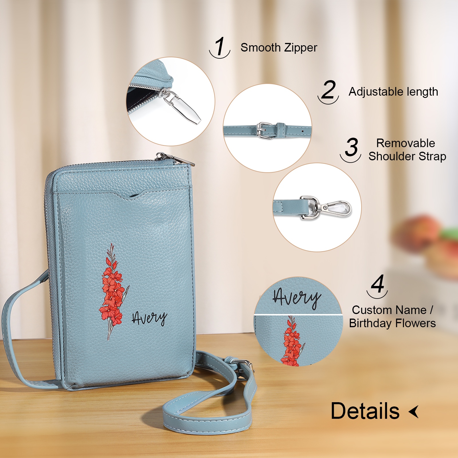 Personalized Leather Crossbody Phone Bag with Name and Birth Flower Zippered Designer Wallet Stylish Gift for Her