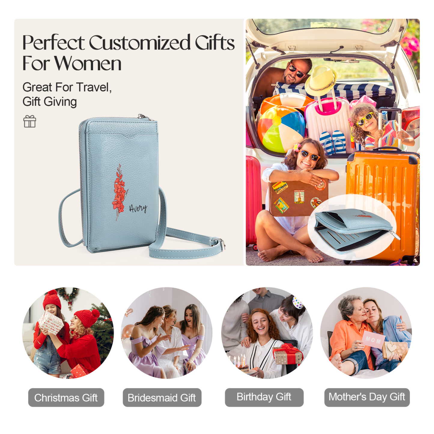 Personalized Leather Crossbody Phone Bag with Name and Birth Flower Zippered Designer Wallet Stylish Gift for Her