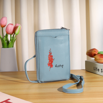 Personalized Leather Crossbody Phone Bag with Name and Birth Flower Zippered Designer Wallet Stylish Gift for Her