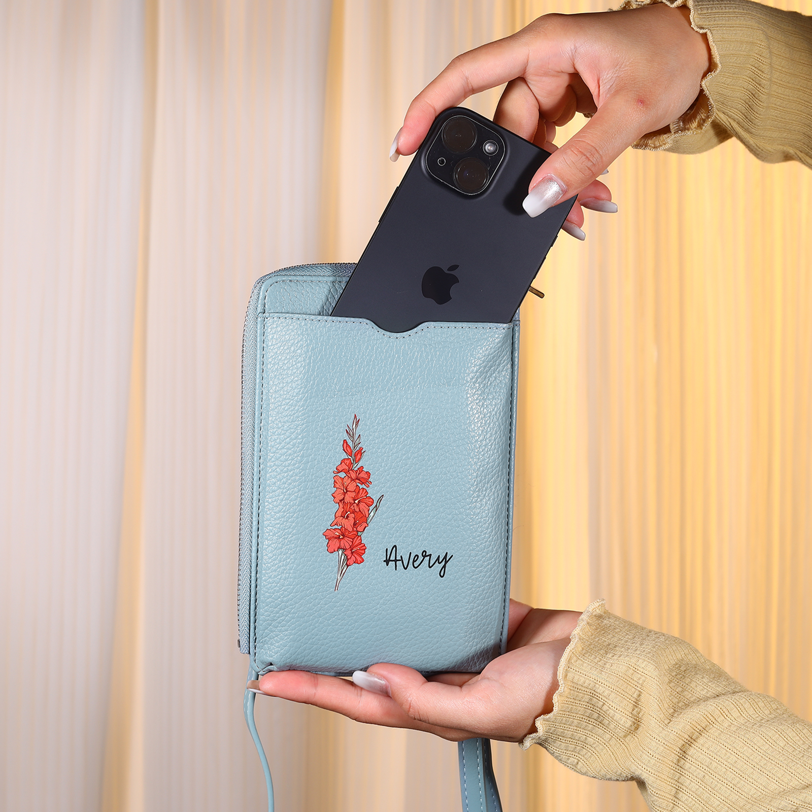 Personalized Leather Crossbody Phone Bag with Name and Birth Flower Zippered Designer Wallet Stylish Gift for Her