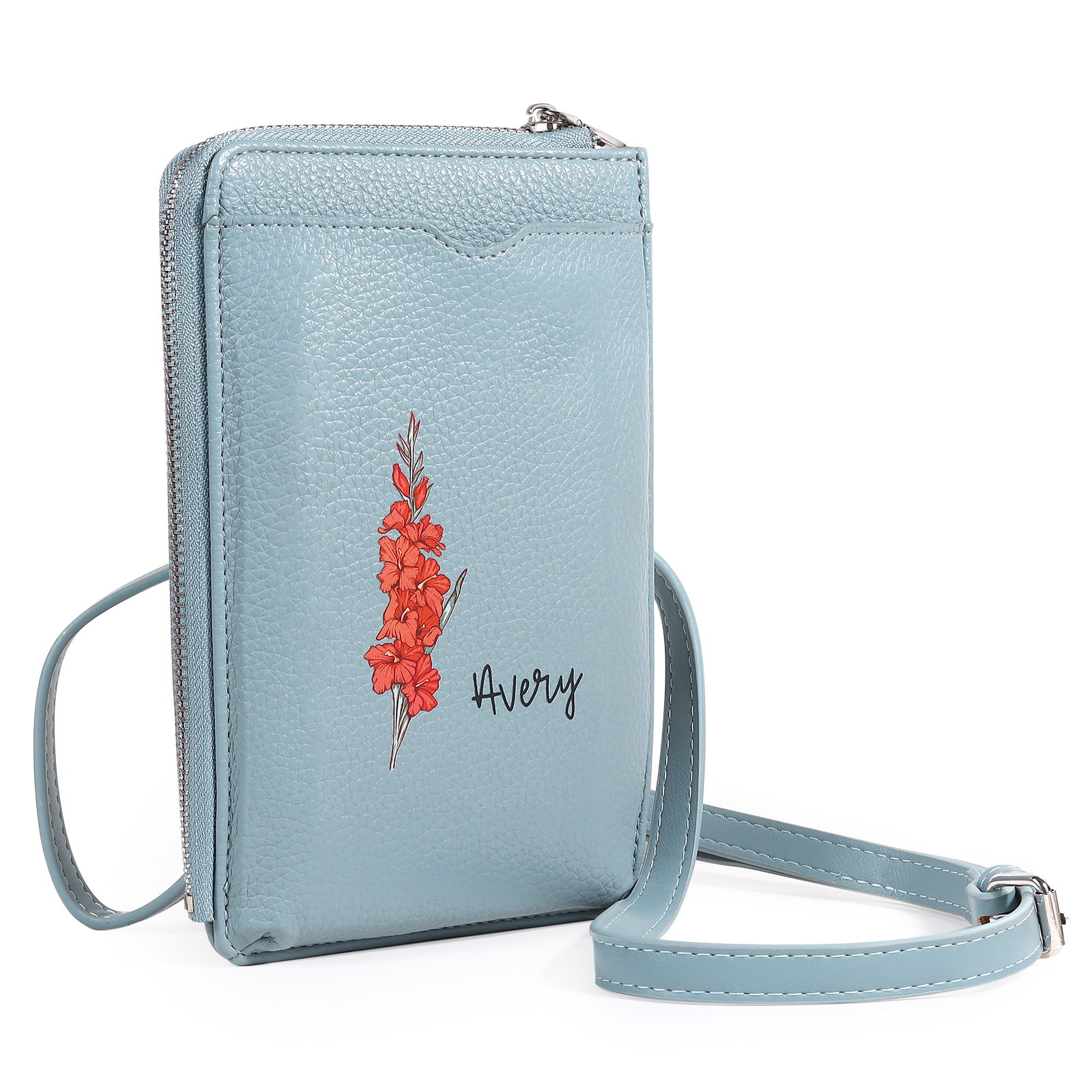Personalized Leather Crossbody Phone Bag with Name and Birth Flower Zippered Designer Wallet Stylish Gift for Her