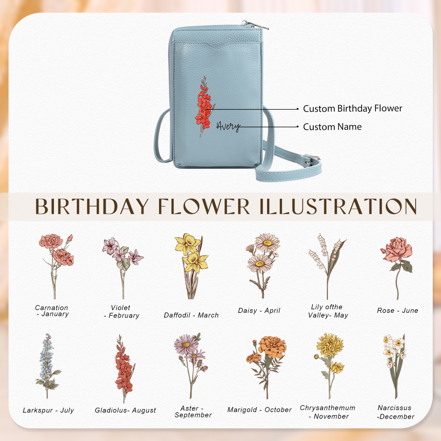 Personalized Leather Crossbody Phone Bag with Name and Birth Flower Zippered Designer Wallet Stylish Gift for Her