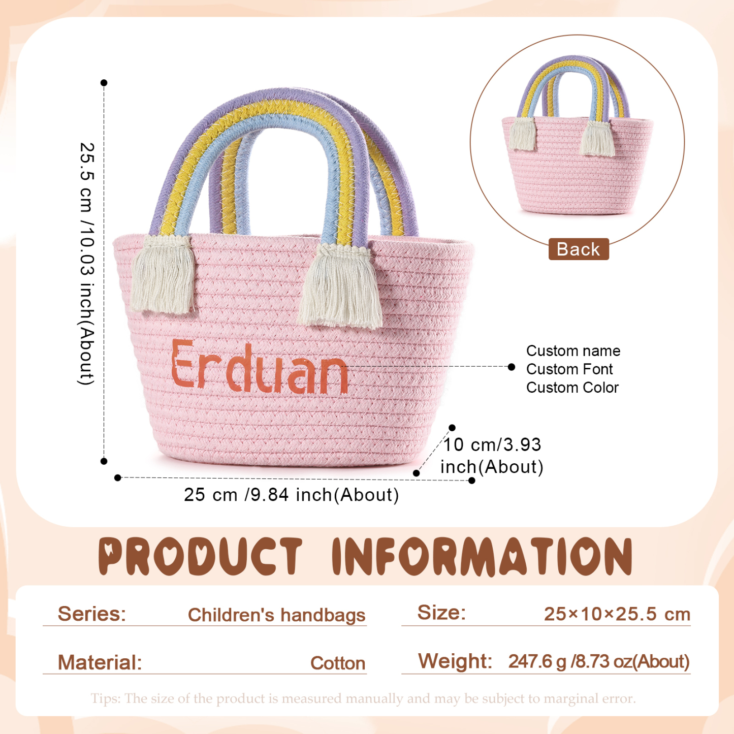 Personalized Name Handbag Cute Pink Pastel Rainbow Basket Rope Bag Kids Rainbow Purses Gift for Kids