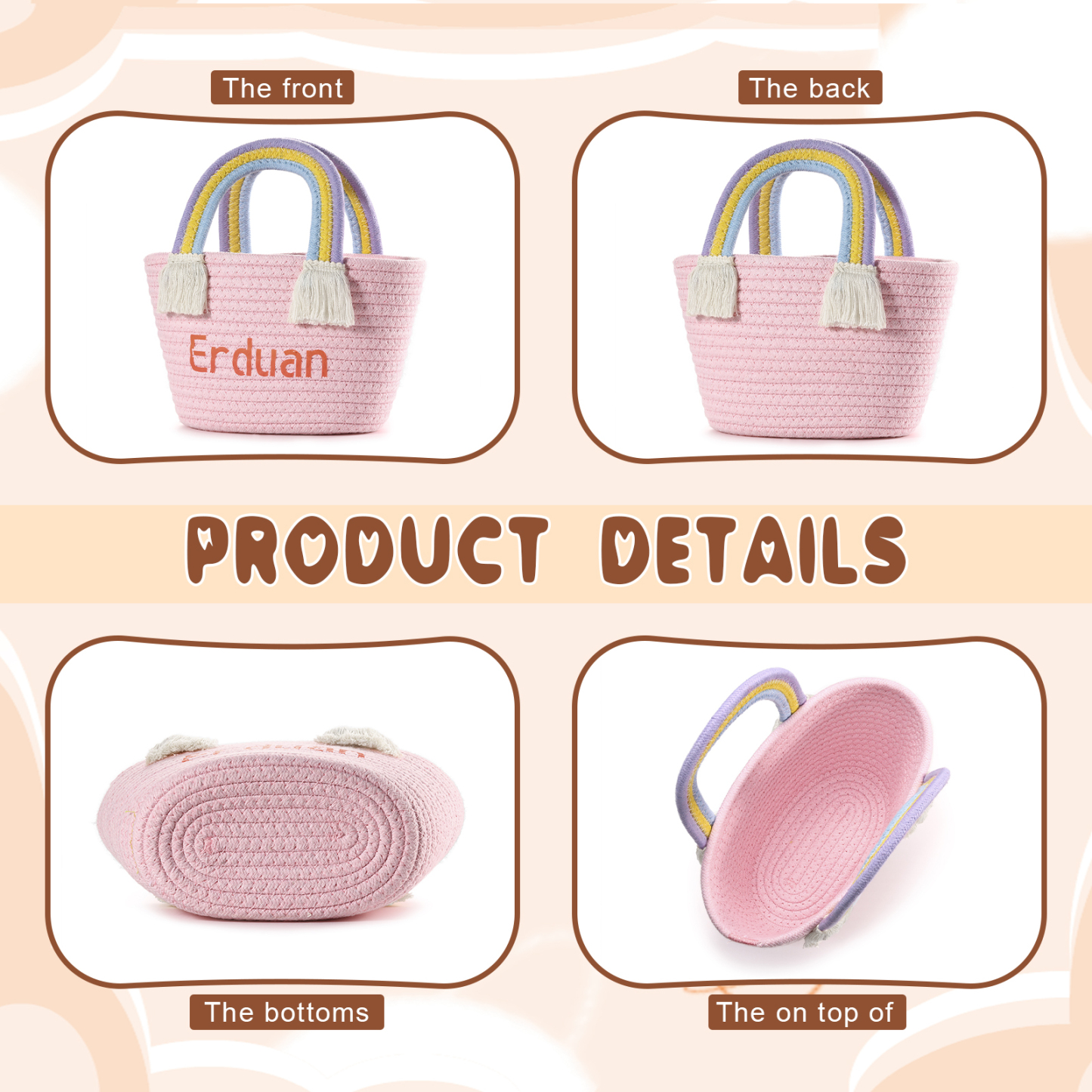 Personalized Name Handbag Cute Pink Pastel Rainbow Basket Rope Bag Kids Rainbow Purses Gift for Kids