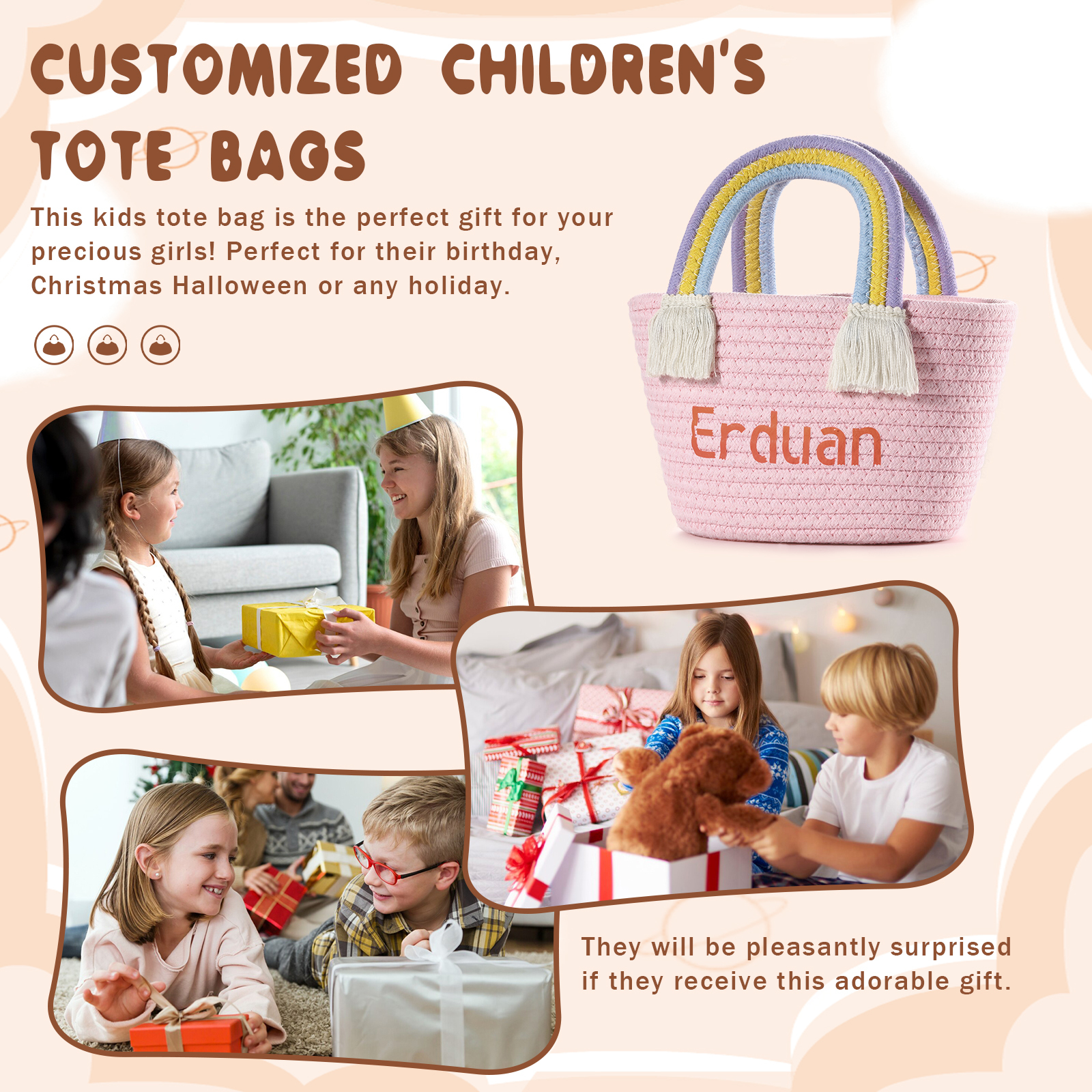 Personalized Name Handbag Cute Pink Pastel Rainbow Basket Rope Bag Kids Rainbow Purses Gift for Kids