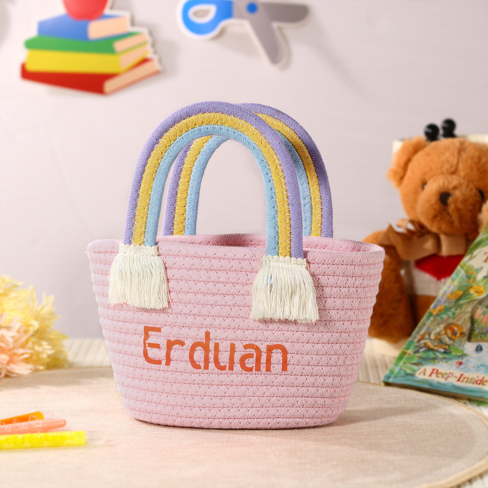 Personalized Name Handbag Cute Pink Pastel Rainbow Basket Rope Bag Kids Rainbow Purses Gift for Kids