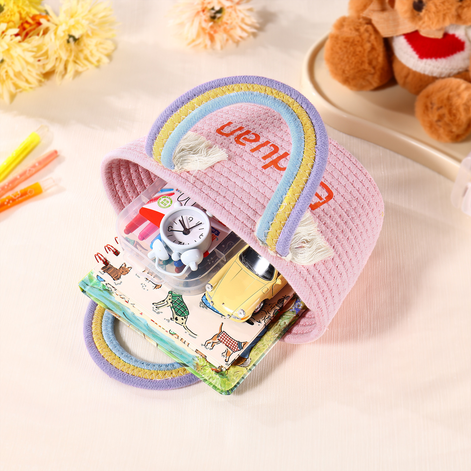 Personalized Name Handbag Cute Pink Pastel Rainbow Basket Rope Bag Kids Rainbow Purses Gift for Kids