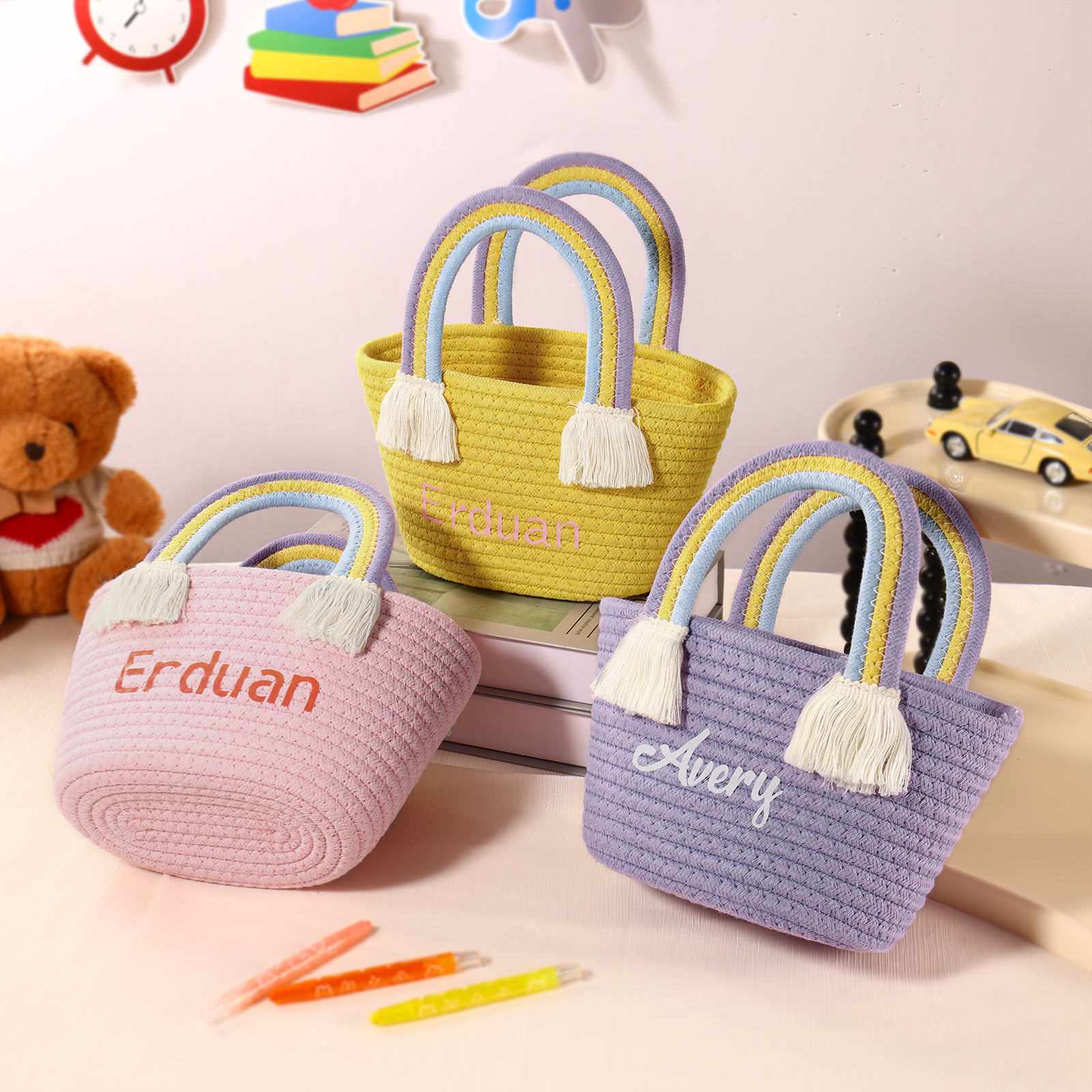 Personalized Name Handbag Cute Pink Pastel Rainbow Basket Rope Bag Kids Rainbow Purses Gift for Kids