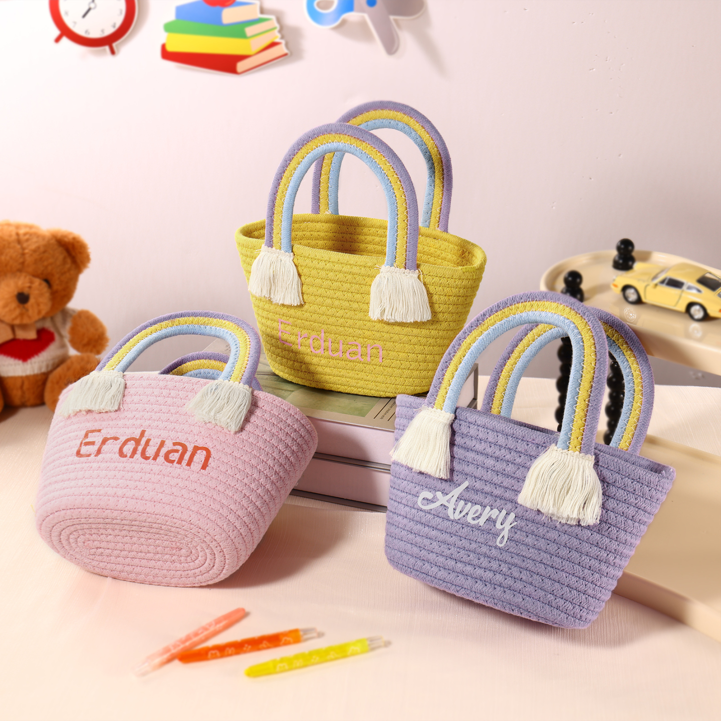 Personalized Name Handbag Cute Pink Pastel Rainbow Basket Rope Bag Kids Rainbow Purses Gift for Kids