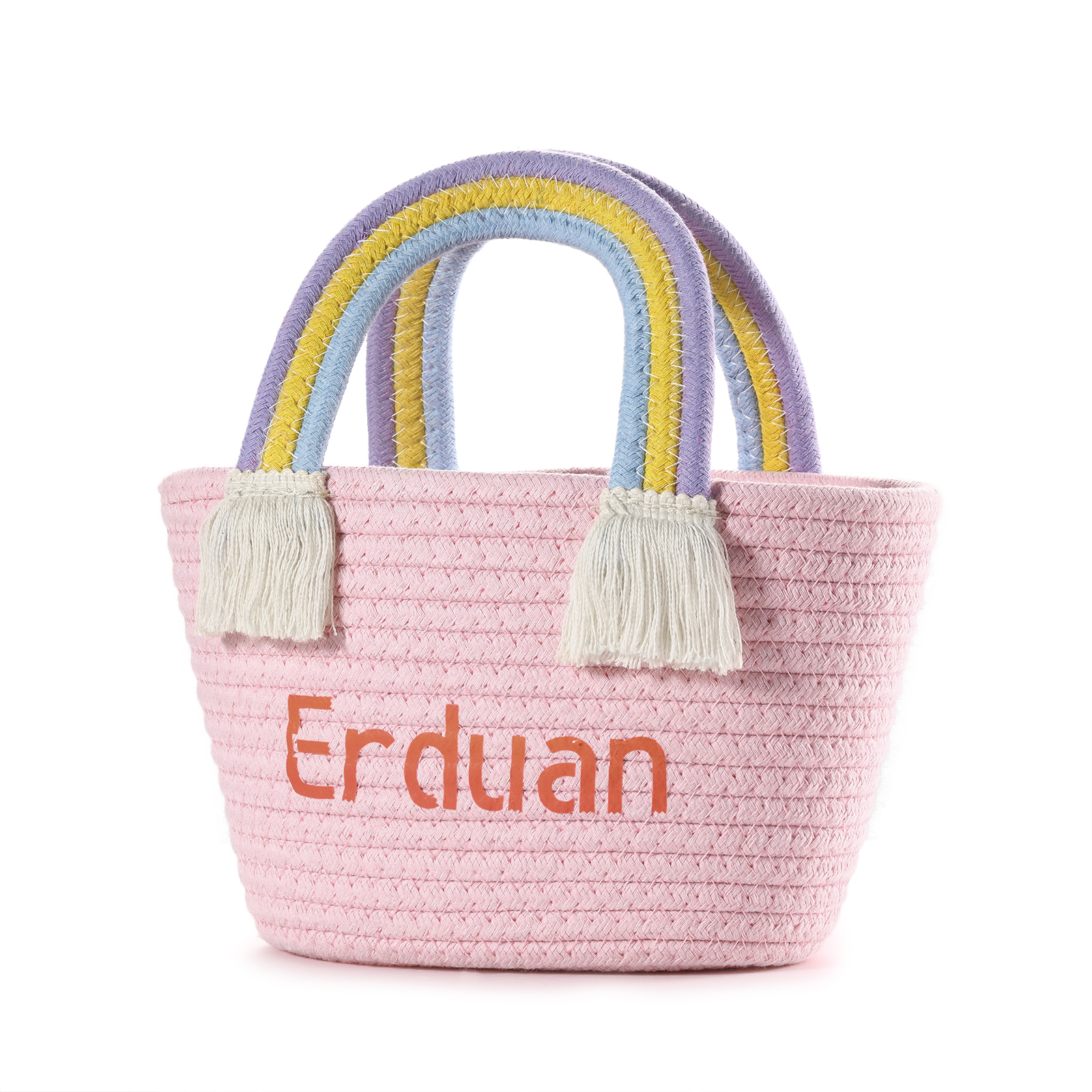 Personalized Name Handbag Cute Pink Pastel Rainbow Basket Rope Bag Kid