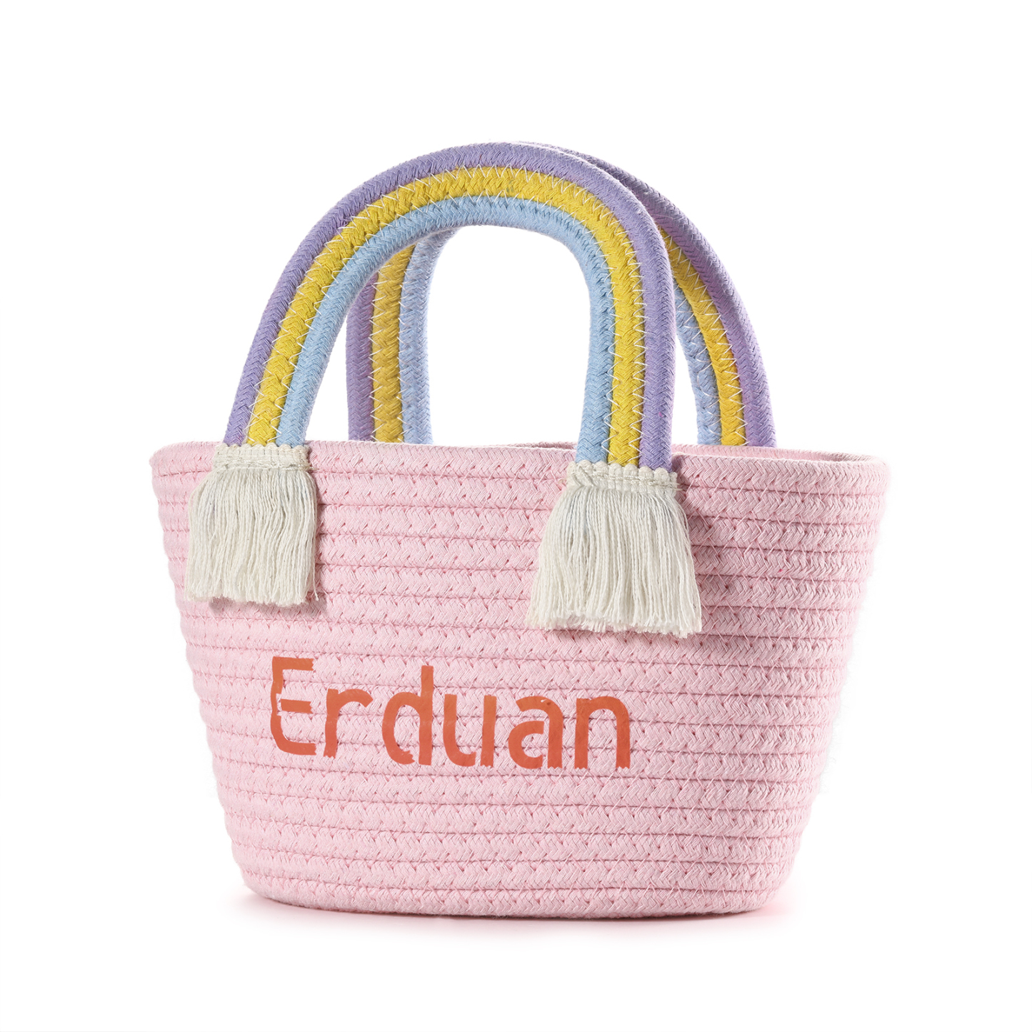 Personalized Name Handbag Cute Pink Pastel Rainbow Basket Rope Bag Kid