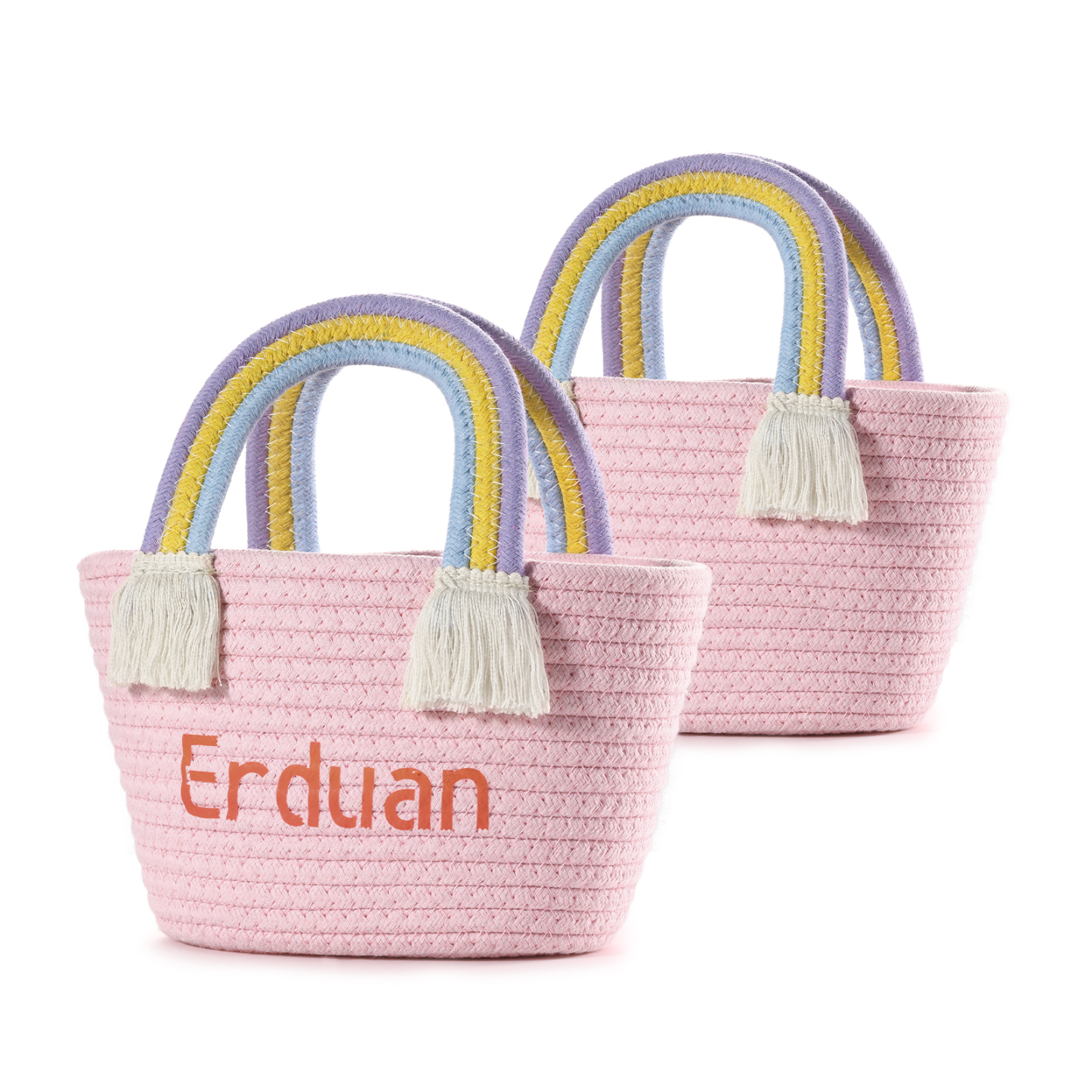 Personalized Name Handbag Cute Pink Pastel Rainbow Basket Rope Bag Kids Rainbow Purses Gift for Kids