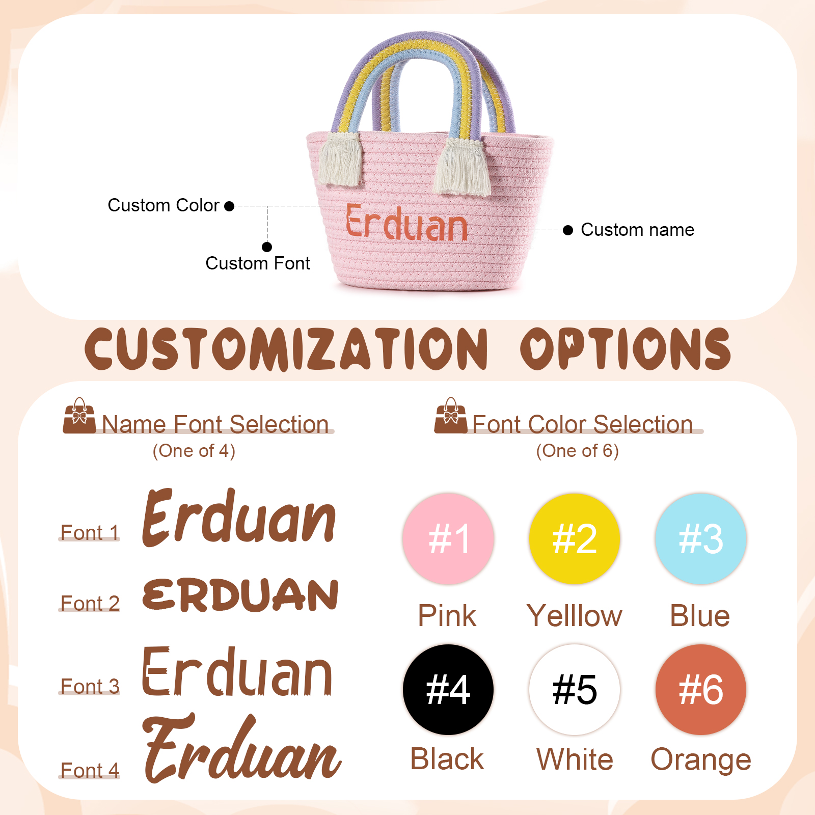 Personalized Name Handbag Cute Pink Pastel Rainbow Basket Rope Bag Kids Rainbow Purses Gift for Kids