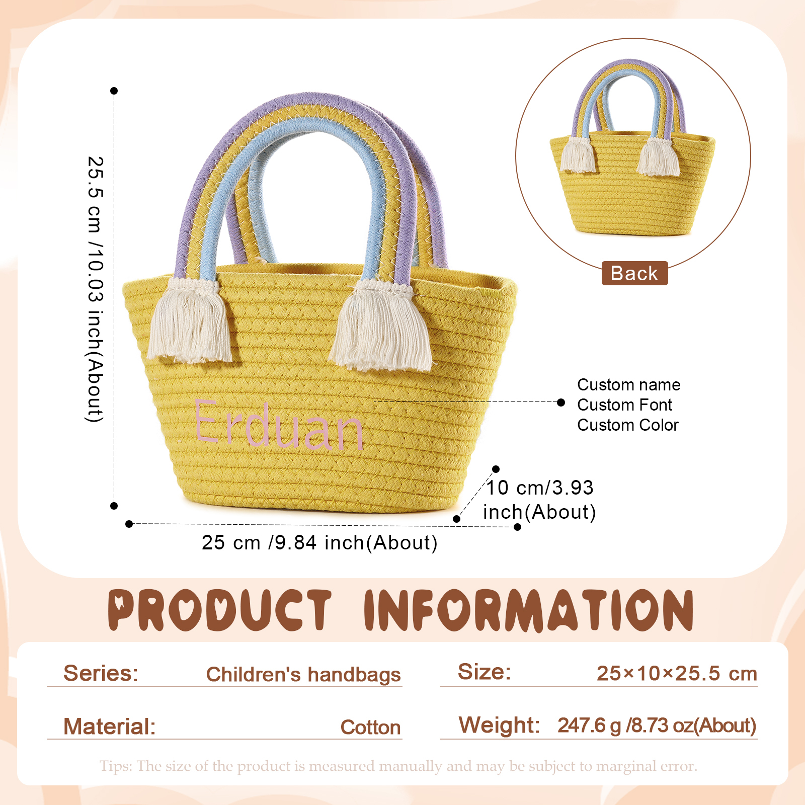 Personalized Name Handbag Cute Pink Pastel Rainbow Basket Rope Bag Kids Rainbow Purses Gift for Kids