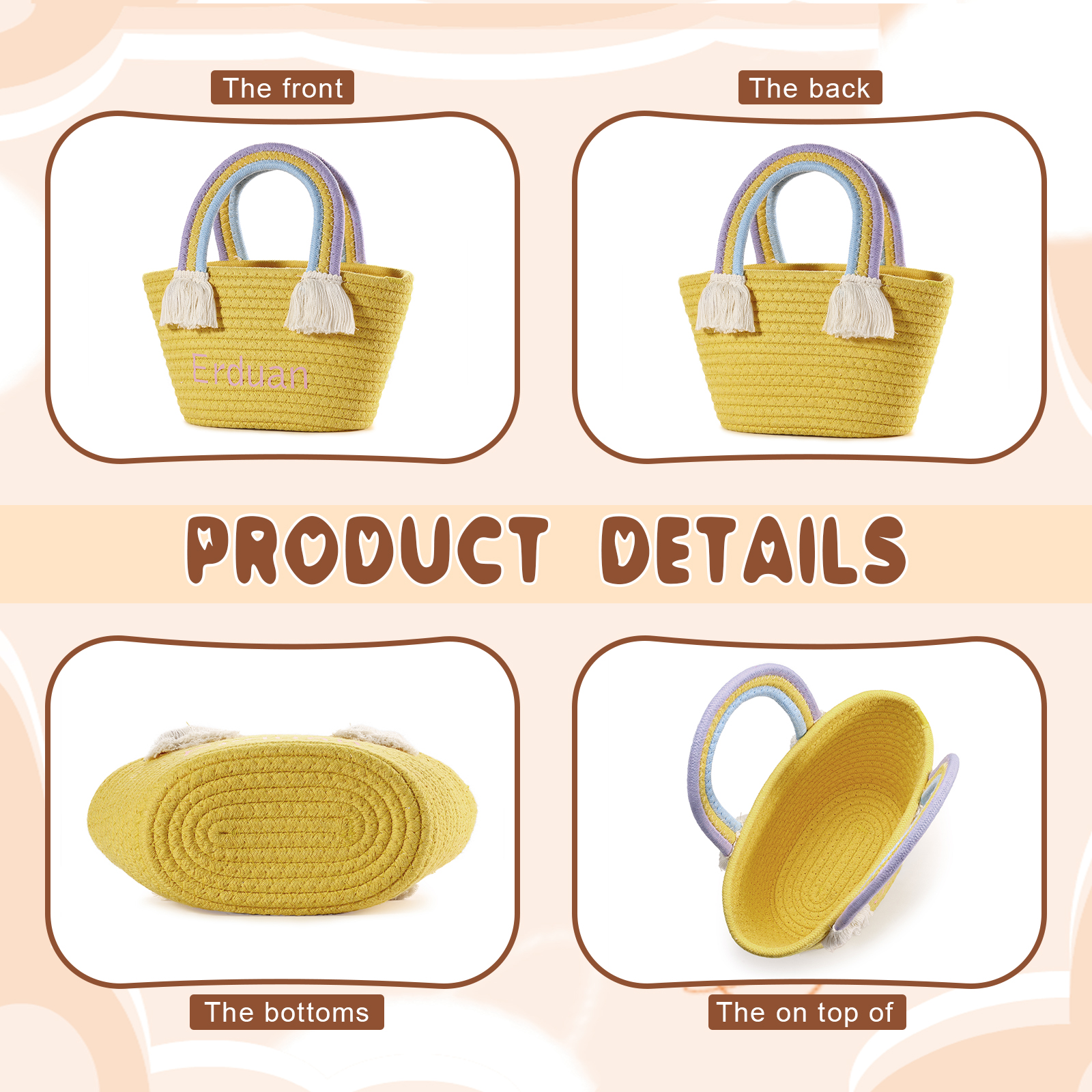 Personalized Name Handbag Cute Pink Pastel Rainbow Basket Rope Bag Kids Rainbow Purses Gift for Kids