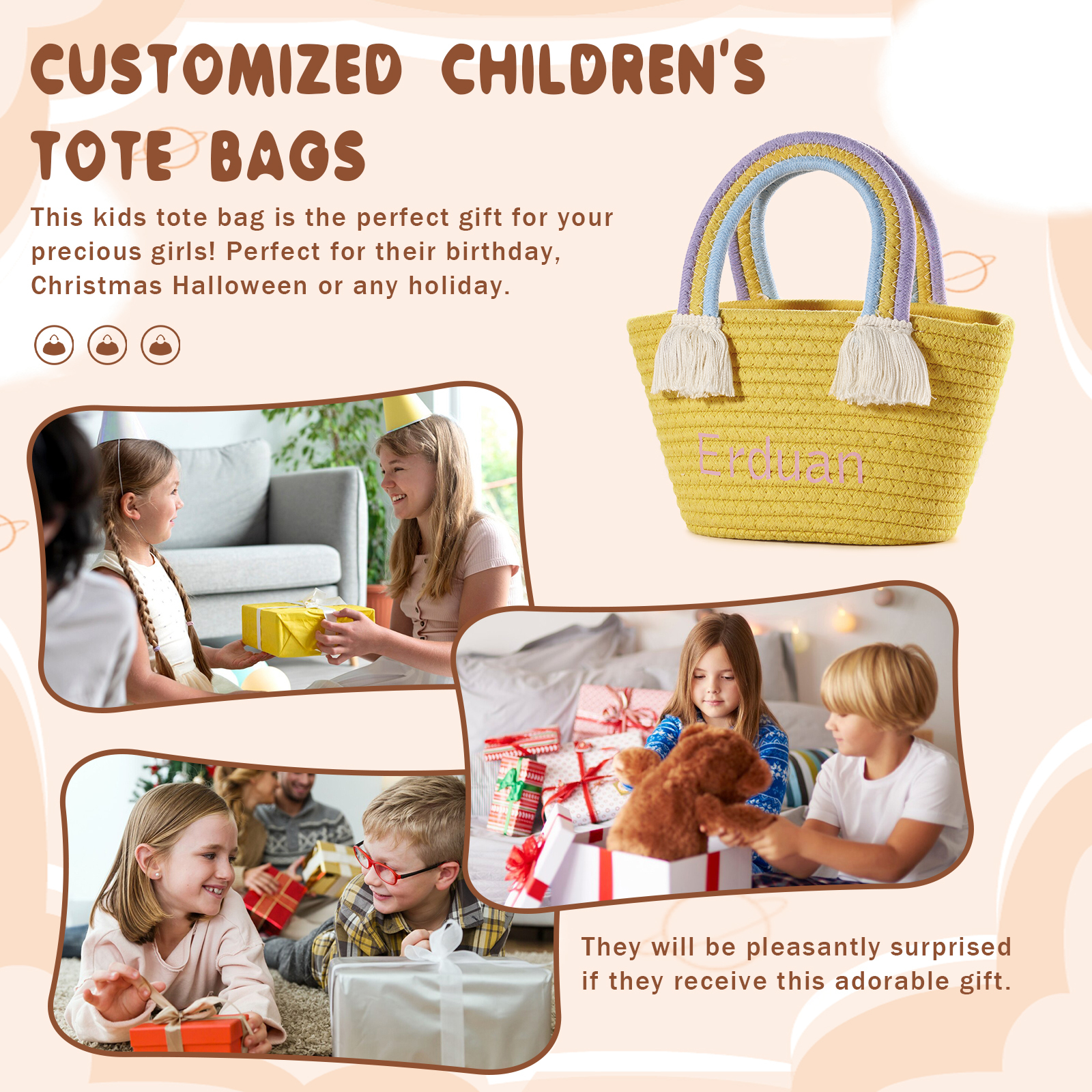 Personalized Name Handbag Cute Pink Pastel Rainbow Basket Rope Bag Kids Rainbow Purses Gift for Kids