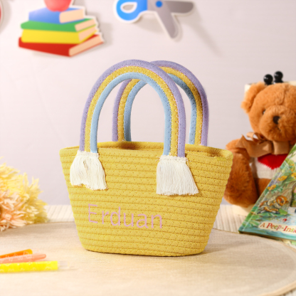 Personalized Name Handbag Cute Pink Pastel Rainbow Basket Rope Bag Kids Rainbow Purses Gift for Kids
