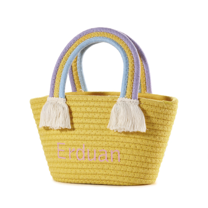 Personalized Name Handbag Cute Pink Pastel Rainbow Basket Rope Bag Kids Rainbow Purses Gift for Kids