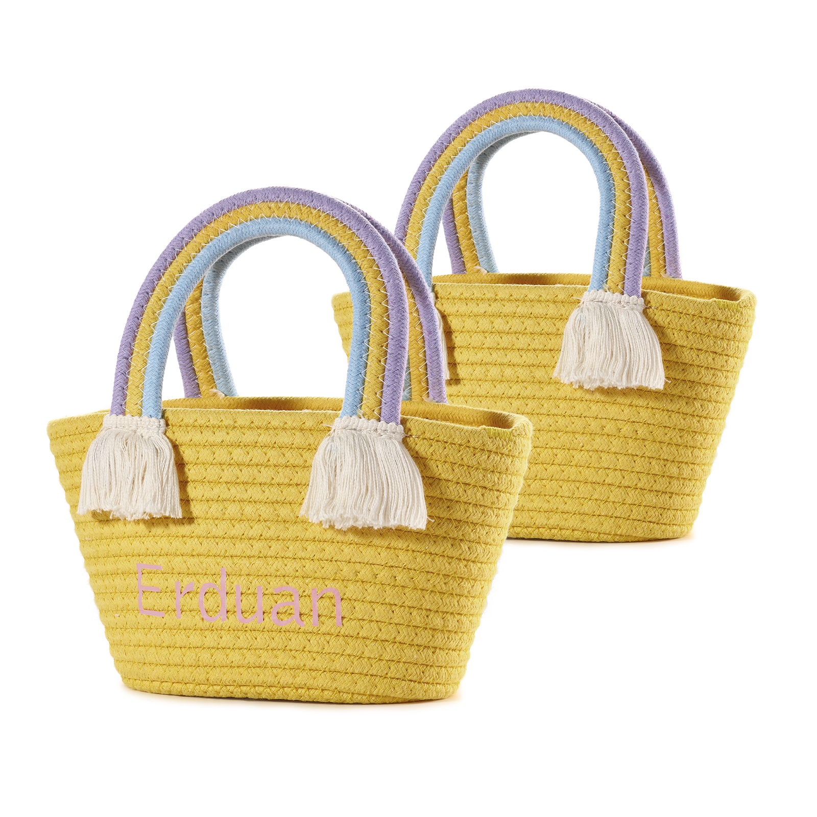 Personalized Name Handbag Cute Pink Pastel Rainbow Basket Rope Bag Kids Rainbow Purses Gift for Kids
